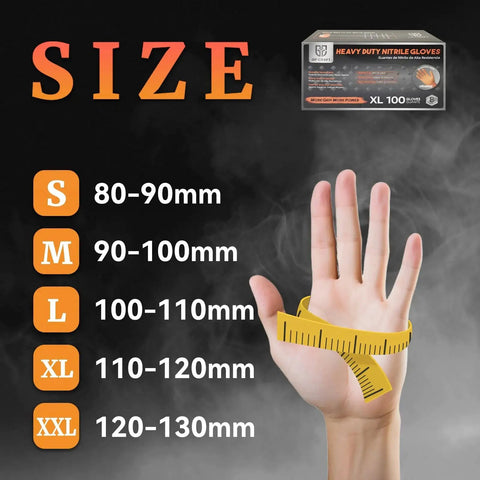 Hand with measuring tape showing glove sizes, highlighting Heavy Duty Orange Diamond Grip 8Mil Nitrile Gloves Puncture And Cut Resistant XL box.