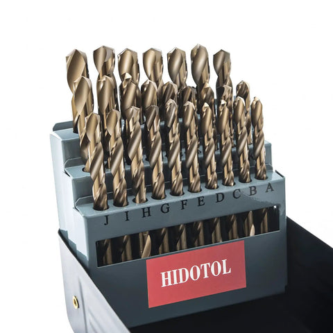26 Piece Cobalt M35 HSS Letter Drill Bit Set A Through Z With Indexed Metal Case For Hardened Metal Stainless Steel Cast Iron Plastic And Wood, Self Centering 135 Degree Point For Fast, Precise Drilling Jobsite Ready displayed in case