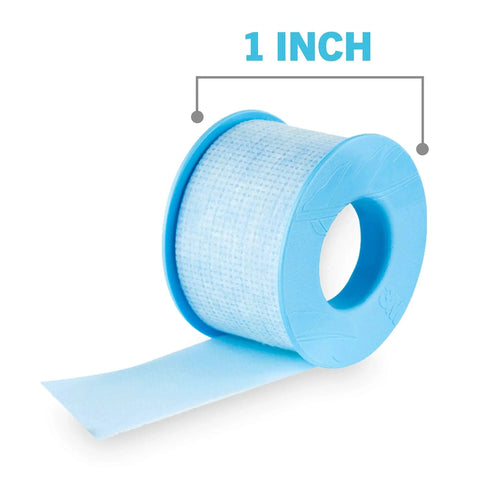 Blue roll of Strong Hold Pain Free Tape For Sensitive Skin 1 Roll 1 In X 4 Yds Silicone with 1-inch width label shown.