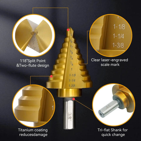 Titanium Coated HSS Step Drill Bit Set, 5-Piece With Dual Straight Flutes, 50 Sizes From 1/16 Inch To 1-3/8 Inch, Unibit For Aluminum, Wood And Plastic, Made For Electricians And DIYers Who Need Durable Metalworking Drill Bits showing close-up of scale marks and shank design.