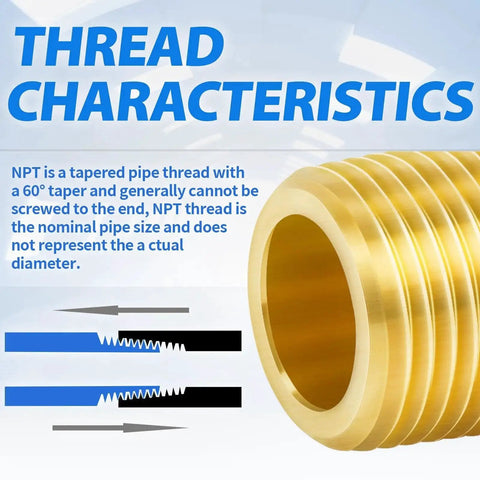 Close-up of Brass Pipe Fitting Long Nipple Half Inch NPT Male highlighting thread characteristics and taper angle.