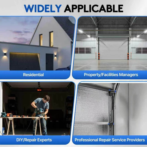 Collage of residential, industrial, and repair settings for garage doors, highlighting product applicability