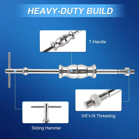 Heavy-duty build of Rear Axle Bearing Puller Tool Kit with Slide Hammer, T-handle, and threading details shown