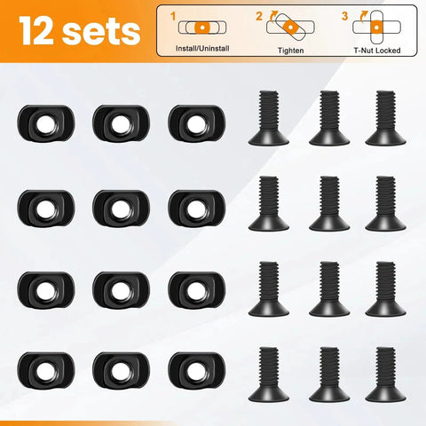 12 T Nuts And 12 Short Screws Replacement Set For M Rails With Allen Wrenches shown in set of 12, parts labeled for assembly.