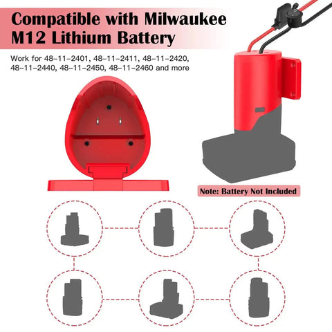 Diagram of 2 Pack 12V Battery Adapter for Power Wheels with switch, fuse, 12AWG wires, compatible with M12 battery series, kit outline.