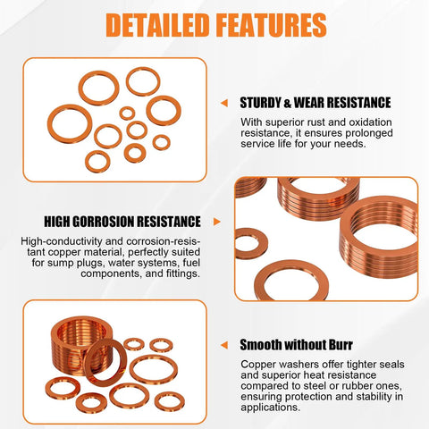 Copper Washer Kit 100 Pcs Ten Sizes From M5 To M20 Premium Copper Crush Gasket Assortment for automotive sealing