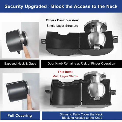 Heavy Duty Metal Door Knob Lockout Device With Padlock Adjustable Doorknob Cover, multi-layer shims shown in various views