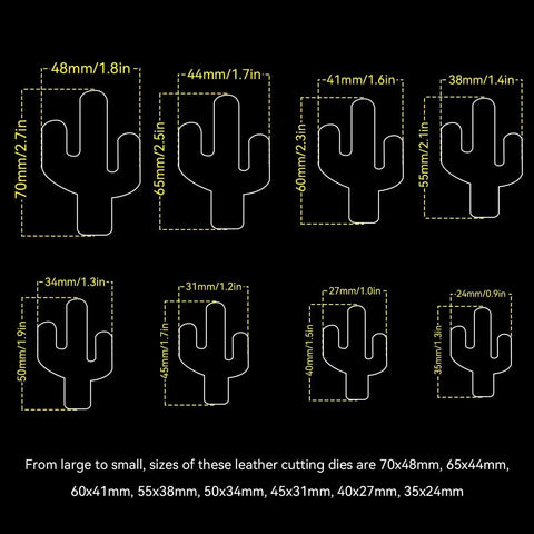 Diagram showing sizes of Eight Piece Cactus Shaped Leather Cutter Die Set For DIY Leather Craft Punch Die Tool Kit With Durable High Carbon Steel Punches