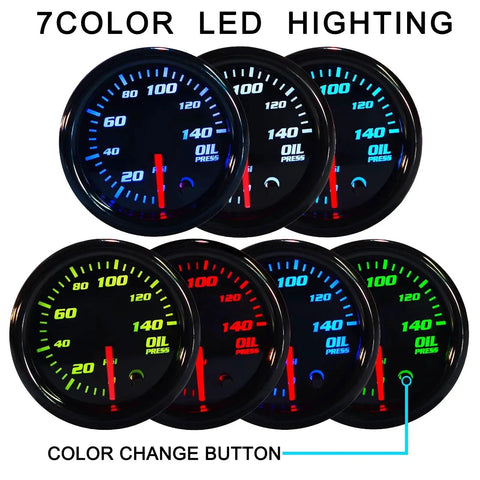 Oil Pressure Gauge Kit For Cars And Trucks 0 To 140 PSI 52 Millimeter Dial Seven Color Glow Display