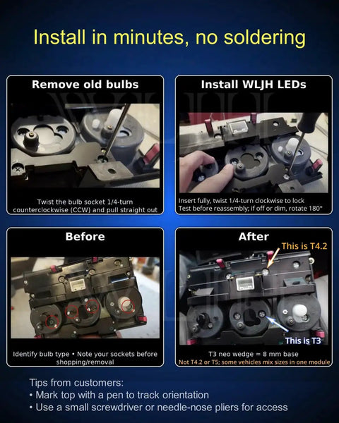 Installation guide for 10 Pack Ultra Bright Ice Blue T3 Neo Wedge LED Bulbs with 8mm base for car dash lights.