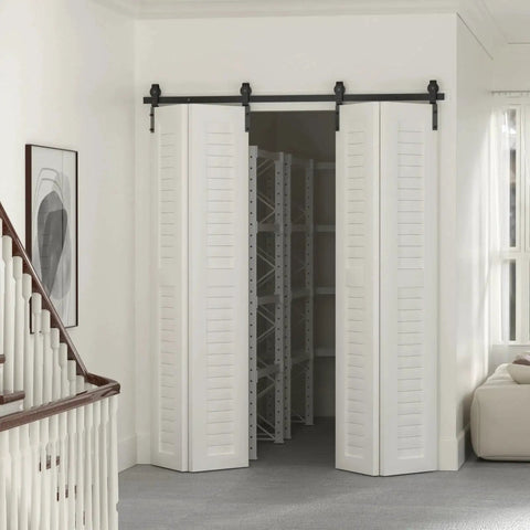 60 Inch Bi Folding Sliding Barn Door Hardware Track Kit With Side Mounted Black Rollers Smooth And Quiet Operation installed