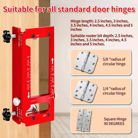 Adjustable Door Hinge Jig For Jambs And Routers, Aluminum Alloy Hinge Template Kit Fits Door Hinges From Two Point Five To Five Inches, Radius One Quarter Inch Or Radius Five Eighths Inch, Red, Durable Router Template Tool For Precise Installations on display with hinge size options.