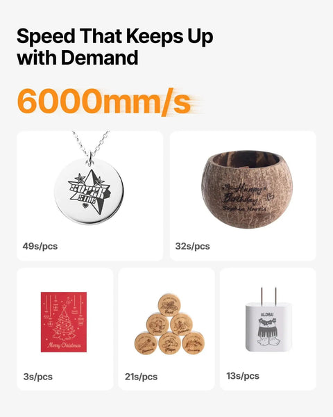 Engraved metal pendant, wooden cup, card, corks, and ceramic cup made with Dual Laser Engraver With 15W Diode And 5W IR 50MP Built In Camera 6000 mm Per Second Speed 3D Embossing And Metal Color Marking Portable Desktop Laser Cutter For On Site And Small Batch Projects