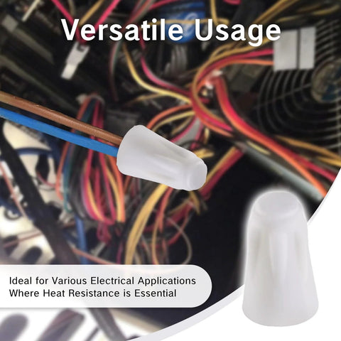 White ceramic wire nut cap on electrical wires; high-temperature porcelain twist cap; 36-piece kit.