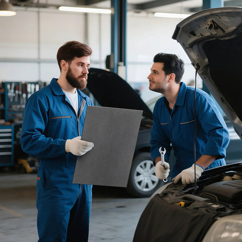 Peohud high-temp gasket paper sheet 15 x 11.8 in, non-asbestos; automotive shop scene with two technicians