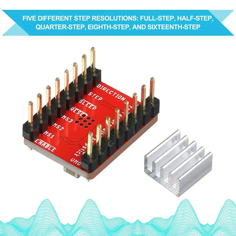 Red Dope 10 Pack Stepper Motor Driver Modules With Heat Sinks For A4988, showing pins and included heat sink.