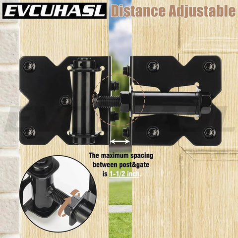 Heavy Duty Gate Hinges For Vinyl And Wooden Fence Gates Self Closing With 90 Degree Adjustable Operation, side view close-up