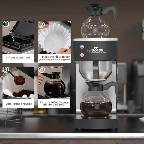 12 Cup Commercial Drip Coffee Brewer With Dual Warmer And Glass Decanters For Pour Over Convenience No Fuss Fingerprint Free Housing 304 Stainless Steel Funnel Delivers Even Extraction In 7 To 8 Minutes with brewing instructions.