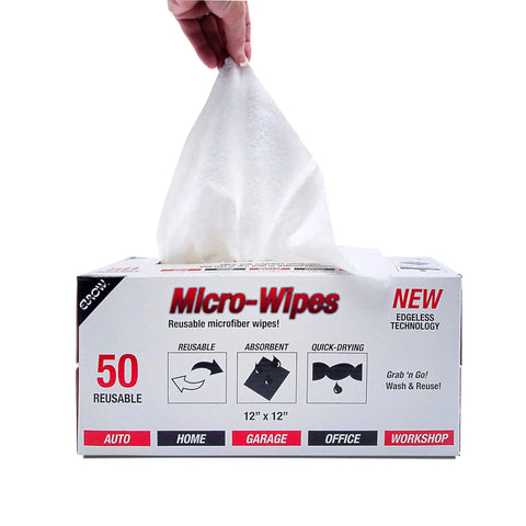Box of Edgeless 200 GSM Microfiber Cloths 12x12 Inches Reusable 50 Pack with Dispenser, showing cloth being pulled out