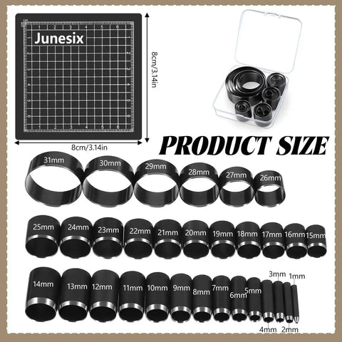 Leather Circle Cutter Tool Set With 31 Piece Circle Punches From 1mm To 55mm displayed with cutting board