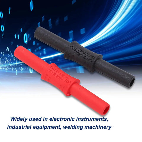 Banana connector pair: red and black insulated 4mm female-to-female banana plugs with PVC sleeves.