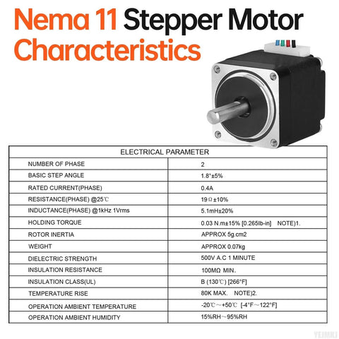 Nema 11 Stepper Motor 2 Phase 1 8 Degree High Torque Bipolar 23mm Frame with Specifications Chart
