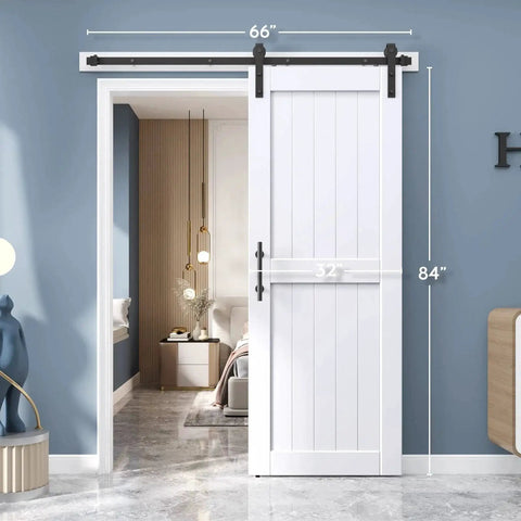 32 By 84 Inch White Barn Door With Five And A Half Foot Sliding Door Hardware Kit Included And Handle Solid Wood Covered With Waterproof PVC Surface Easy DIY Assembly And Install H Frame Fits Twenty Eight To Thirty Inch Wide Opening installed in a modern room.