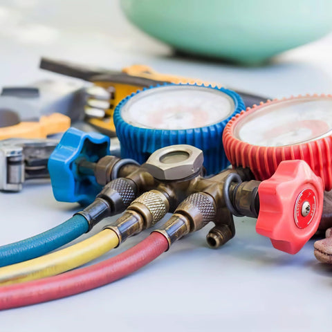 Hromee AC refrigerant hose set with blue, yellow and red hoses connected to a manifold gauge
