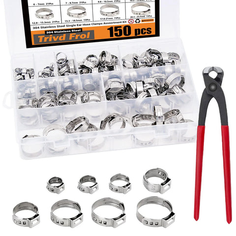 Hose clamp kit with 150 pcs 304 stainless steel single-ear hose clamps and red-handled ear clamp plier in plastic box