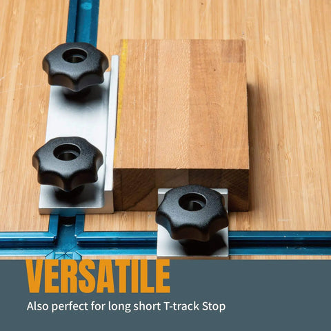Top view of Seven Star Pro Grade T Track Knob Kit With 5/16-18 Bolts And Washers installed on a woodworking jig with wooden base.