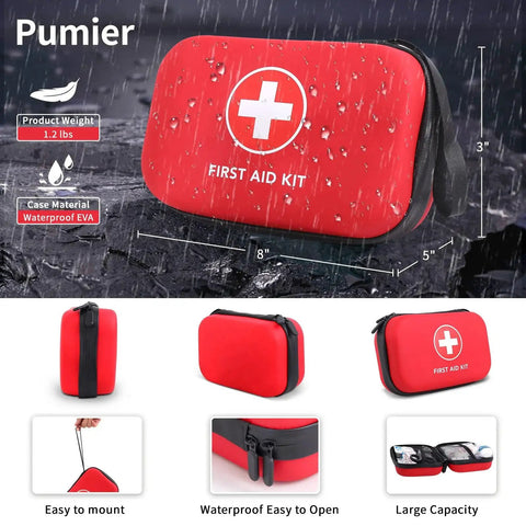 All In One First Aid Kit For Car Home Travel Camping And Office In Compact Waterproof Hard Case with zipper and logos visible