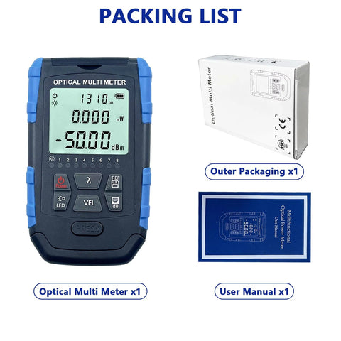 5-in-1 fiber optic tester with portable optical power meter; blue-edged handheld with FC/SC/ST ports