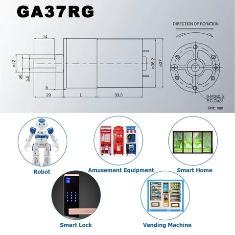 Diagram of Beefy 12V DC Gear Motor 150 RPM High Torque Geared Motor with usage examples in robotics and vending machines.