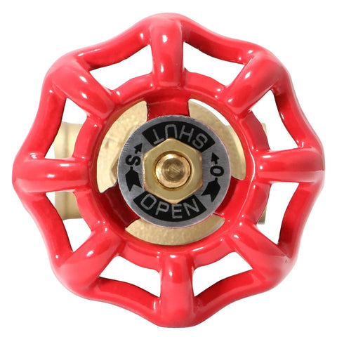 Red 1/2 inch sweat gate valve with brass stem and black shut/open indicator dial