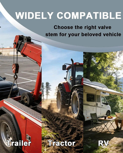 Image showing trailer, tractor, and RV highlighting compatibility for TR600 High Pressure Tire Valve Stems Five Pack Heavy Duty Rubber
