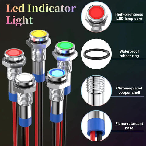 Rugged 12V LED Indicator Light Set Waterproof Metal Flat Head Pilot Lamps With Wire 6mm Mounting Holes for car boat dash