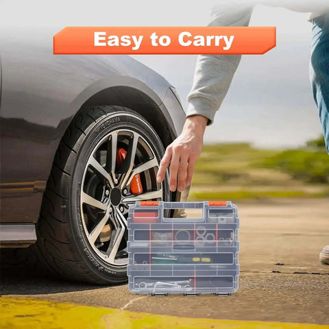 Person holding Orange 34 Compartments Double Sided Small Parts Organizer With Removable Dividers And Clear Lid Tackle Box near car tire