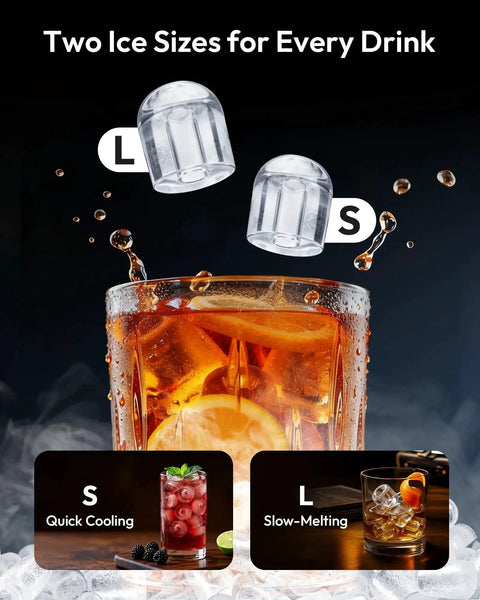 Countertop Ice Maker 9 Cubes In 6 Minutes Portable Self Cleaning Two Ice Sizes showing large and small ice cubes for drinks