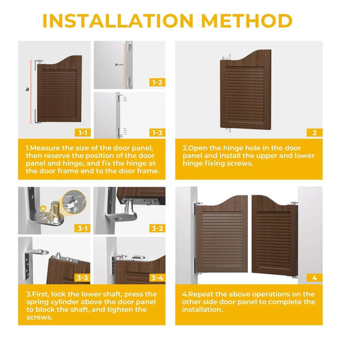 Installation instructions for Self Return Saloon Door Hinges 304 Stainless Steel Double Action Swinging Hinges with diagrams and steps.