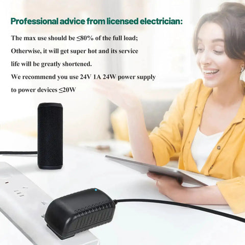Person using No Fuss 24V 1A Power Supply Adapter 100-240V AC to 24V DC Switching Converter with electronic devices nearby