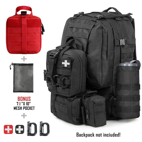 Rugged 1000D Nylon First Aid Bag With Molle Pouches for EMTs and Tactical Missions, shown with bonus mesh pocket and accessories.