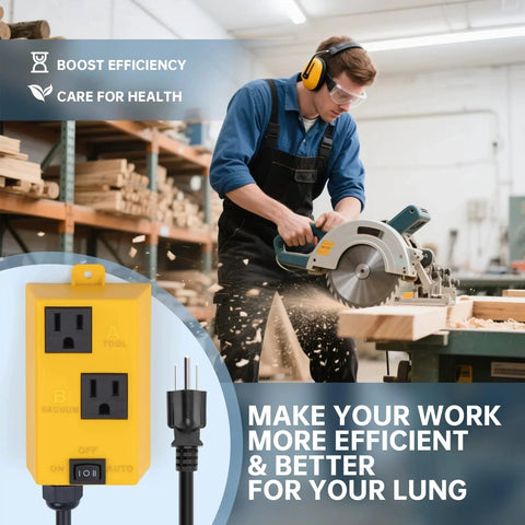 Smart Vacuum Switch With Auto On Off Control And Delayed Start To Prevent Overload And Breaker Trips Detects When Port A Tool Exceeds 30 Watts And Automatically Starts Port B Vacuum For A Safer Cleaner Workspace Ortis next to person using power tool in workshop