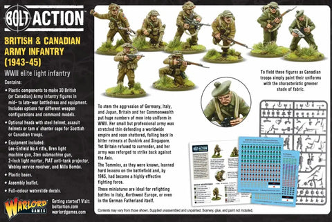 Product box with British And Canadian Army Infantry 28mm Plastic Miniatures For Bolt Action War Game 1943 To 1945 figures displayed
