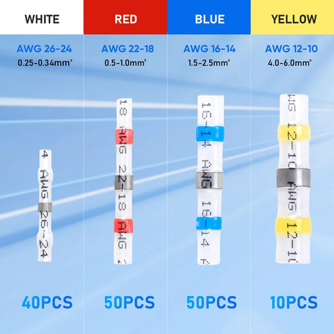 Amazon TICONN solder-seal butt connectors kit; color-coded white, red, blue, yellow; AWG 26–24, 22–18, 16–14, 12–10; 40/50/50/10 pcs
