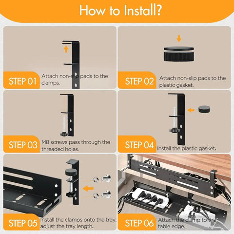 Installation guide for Under Desk Cable Management Tray With 17 To 30 Inches Retractable Cord Organizer, Clamp Mount Wire Basket.