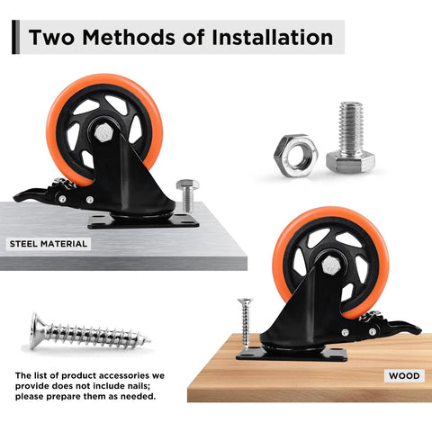 Heavy Duty 4 Inch Locking Swivel Caster Wheels Set Of 4 with installation methods on steel and wood surfaces.