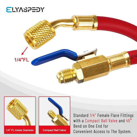 Upgrade Version 25980 One Quarter Inch Internal Diameter Refrigerant Hose Set With FlexFlow Low Loss Adapters shown in red