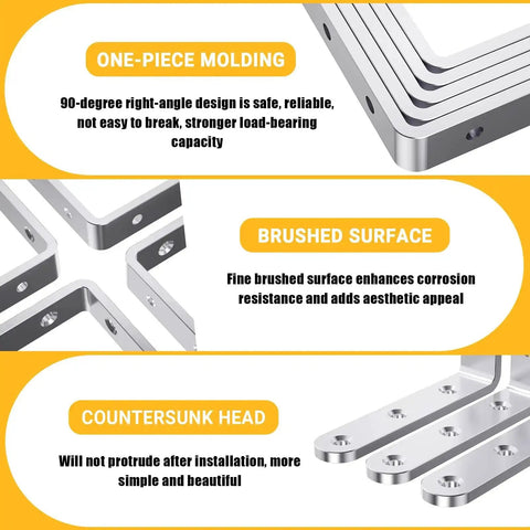 Image showing features of sturdy stainless steel 4x4 angle brackets with 90-degree molding, brushed surface, and countersunk head.