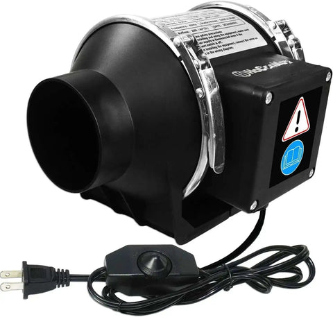 Three Inch Inline Booster Duct Fan With Speed Control for smoke and odor extraction, includes metal clamps and power cord