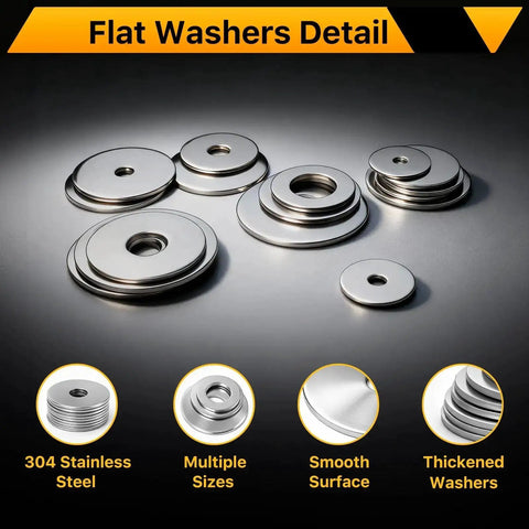 250 Piece Flat Washers Set In 304 Stainless Steel Fender Style 15 Sizes M3 M4 M5 M6 M8 M10 M12 Metric Metal Washers